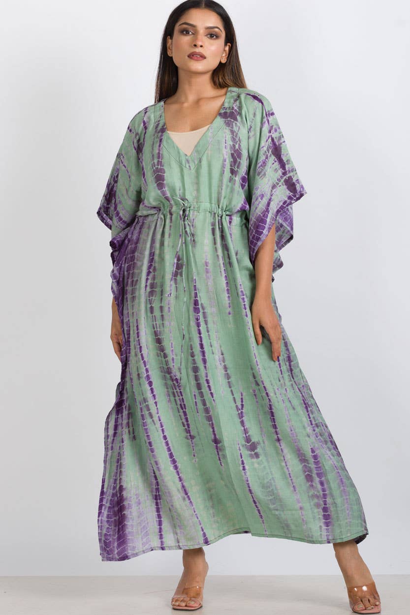 Shibori Caftan in Sage and Lavender