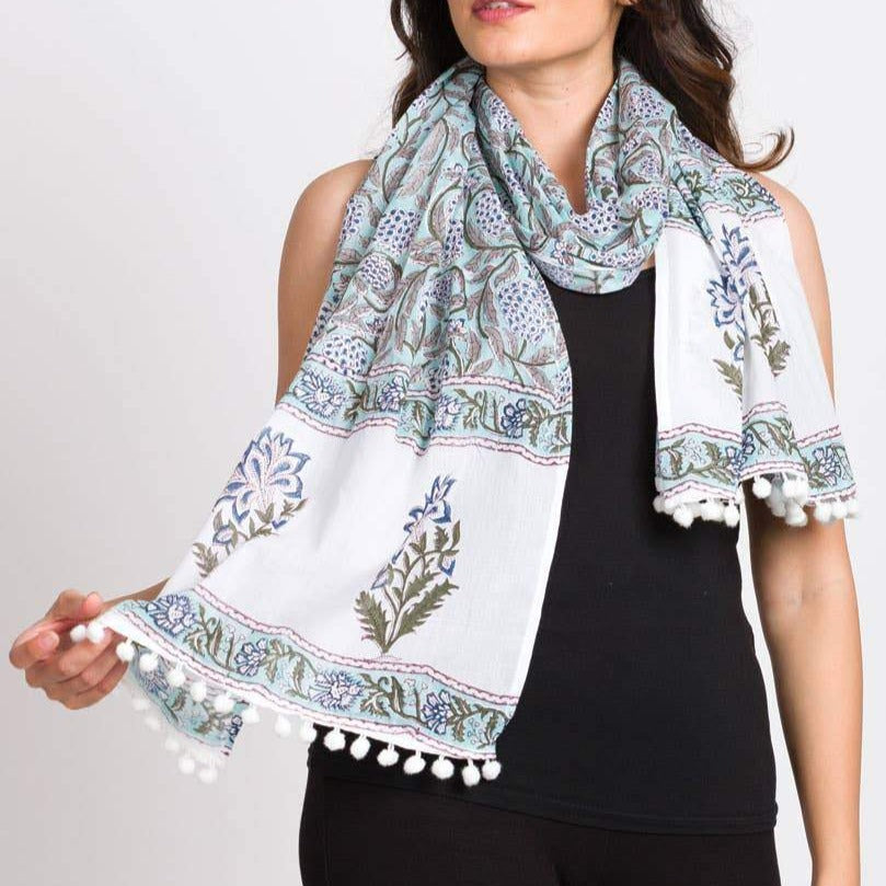 Aqua and green botanical cotton scarf