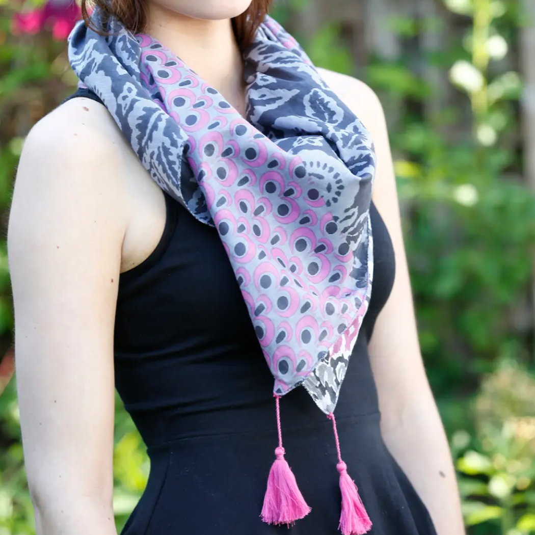 Pink and Gray Ikat Patchwork Scarf