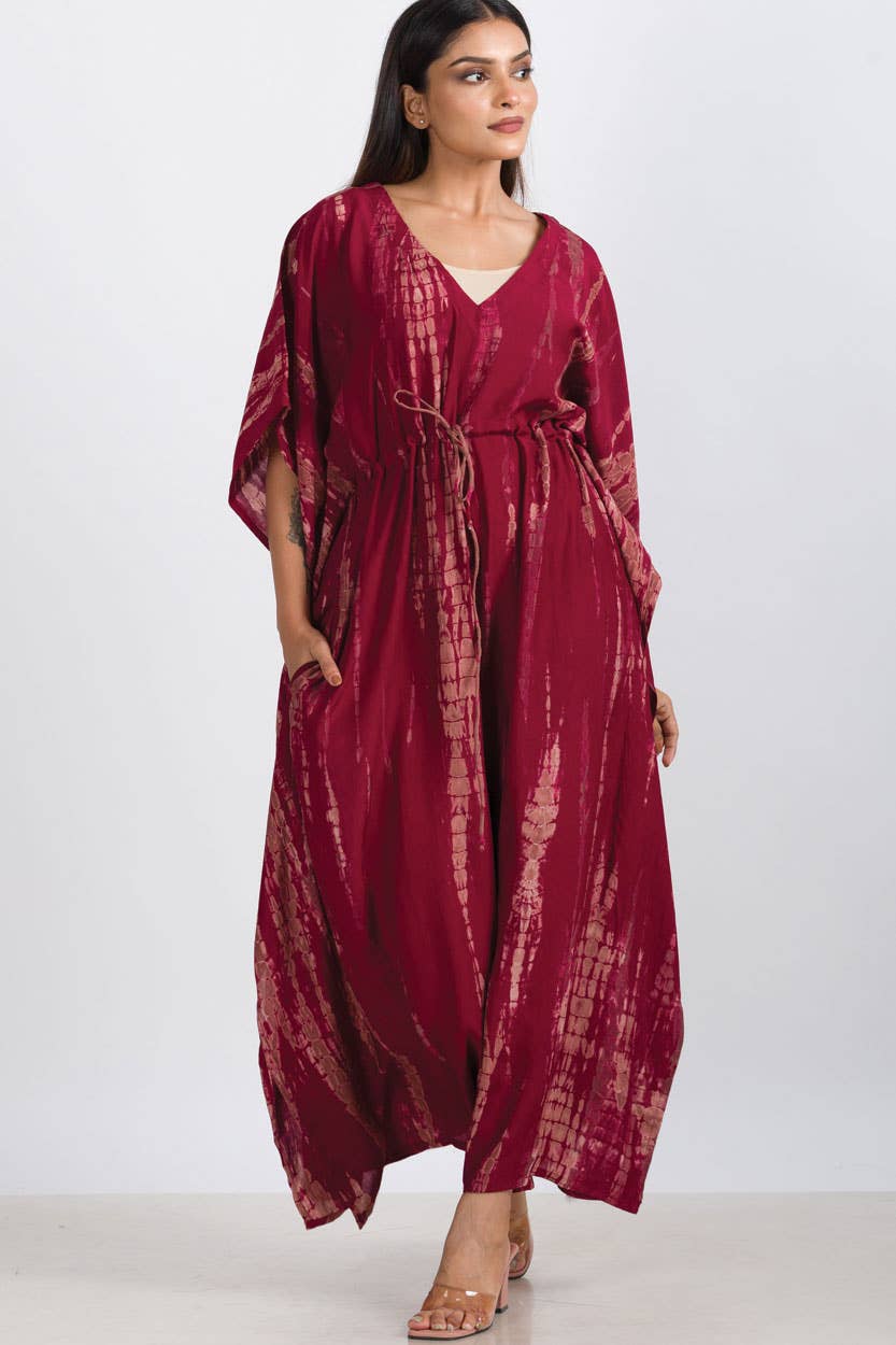 Shibori Caftan in Cranberry and Mocha