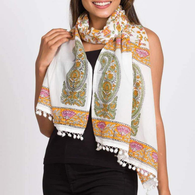 Yellow and pink paisley illustrated cotton scarf