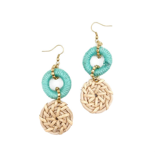 Aqua and Rattan Circle Earrings (Fall Naturals)