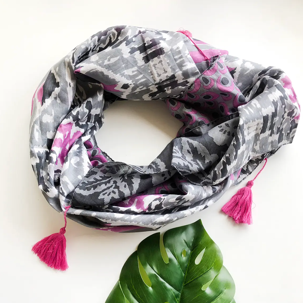 Pink and Gray Ikat Patchwork Scarf