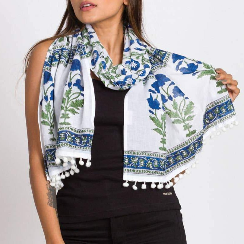 Blue and green botanical cotton scarf