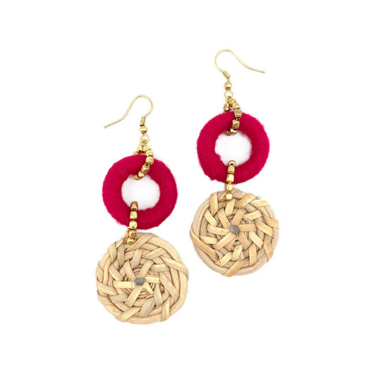 Magenta and Rattan Circle Earrings (Fall Naturals)